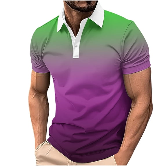 Big & Tall Men's Short Sleeve Gradient Golf Shirts 3 Button Pique Collared T-Shirt Quick Dry Performance Athletic Tennis Tops Summer Father's Day Gift
