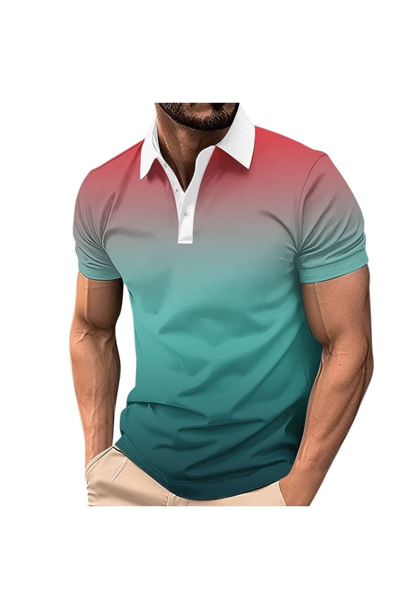 Big & Tall Men's Short Sleeve Gradient Golf Shirts 3 Button Pique Collared T-Shirt Quick Dry Performance Athletic Tennis Tops Summer Father's Day Gift