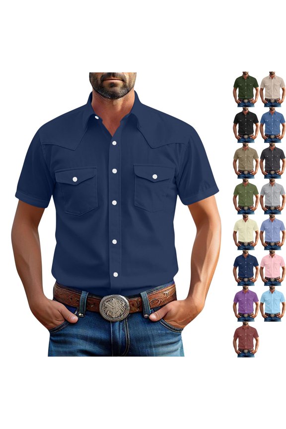 Big & Tall Men's Short Sleeve Western Shirts Textured Casual Button Down Country Concert Tops with Two Pockets Regular Fit Cowboy Rodeo Apparel Father's Day Gift