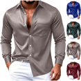 thumbnail image 1 of Big & Tall Men's Silky Satin Dress Button Down Shirt Long Sleeve Wrinkle Free Glossy with Chest Pocket for Wedding Party Cruise Travel, Gray, 4XL, 1 of 2