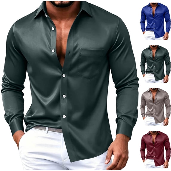 Big & Tall Men's Silky Satin Dress Button Down Shirt Long Sleeve Wrinkle Free Glossy with Chest Pocket for Wedding Party Cruise Travel, Green, 5XL
