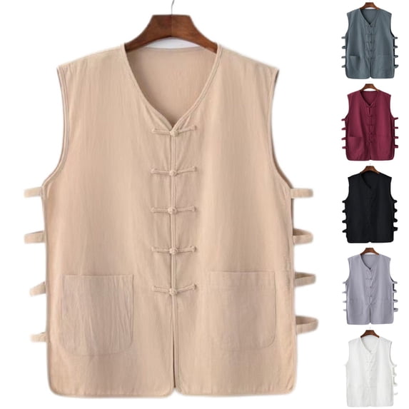 Big & Tall Men's Sleeveless Frog Button Tank Tops with Pockets Summer Loose Fit Chinese Style Open Side Breathable Shirts Beach Yoga Casual Muscle Workout Tops