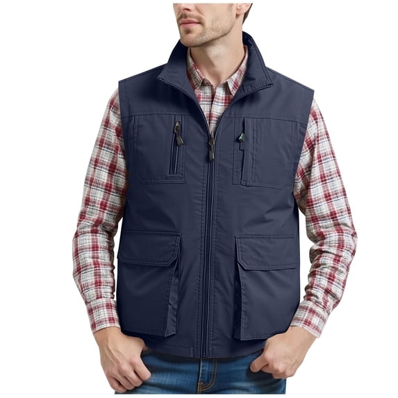 Big & Tall Men's Sleeveless Utility Fishing Vest Mesh Liner Stand Collar Full Zip Cargo Workwear Jacket for Hiking Travel Quick Dry Lightweight Solid Color