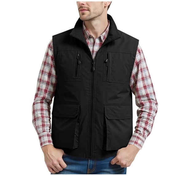 Big & Tall Men's Sleeveless Utility Fishing Vest Mesh Liner Stand Collar Full Zip Cargo Workwear Jacket for Hiking Travel Quick Dry Lightweight Solid Color