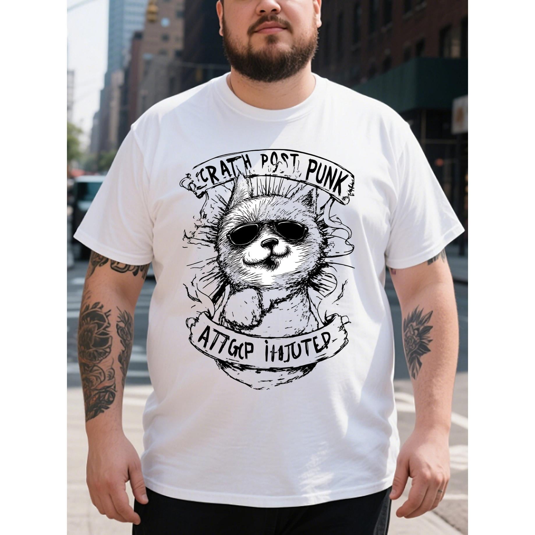 Big&amp;Tall Men's Tee ,Cool Cat Graphic Design,White with Black Print ...