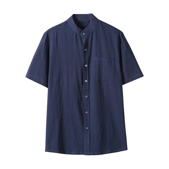 Big & Tall Men's Textured Short Sleeve Button Down Shirts Band Collar Regular Fit Summer Beach Vacation Tropical Holiday Tops with Pocket Casual Hippie Clothes