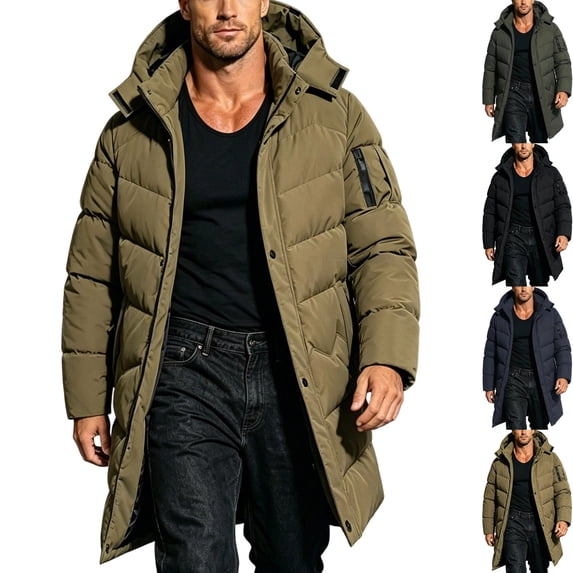 Big & Tall Men's Thicken Warm Insulated Snow Coat Windproof Fleece Lined Winter Parka Hooded Puffer Jacket with pockets for Outdoor Travel, Khaki, 4XL