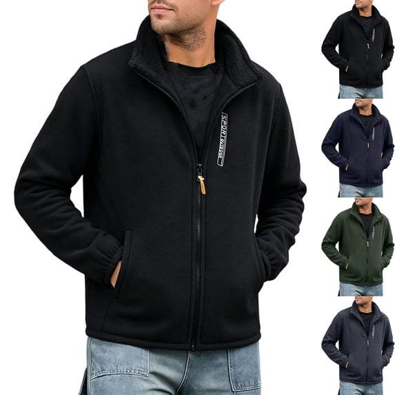 Big & Tall Men's Warm Sherpa Fleece Lined Jacket Thermal Heavyweight Full Zip Stand Collar Outerwear Coat with Pockets for Hiking Cold Weather, Black, 4XL