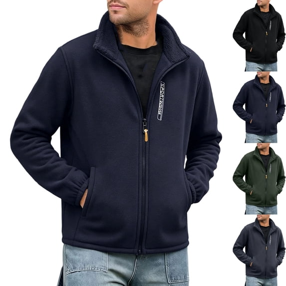 Big & Tall Men's Warm Sherpa Fleece Lined Jacket Thermal Heavyweight Full Zip Stand Collar Outerwear Coat with Pockets for Hiking Cold Weather, Dark Blue, 4XL