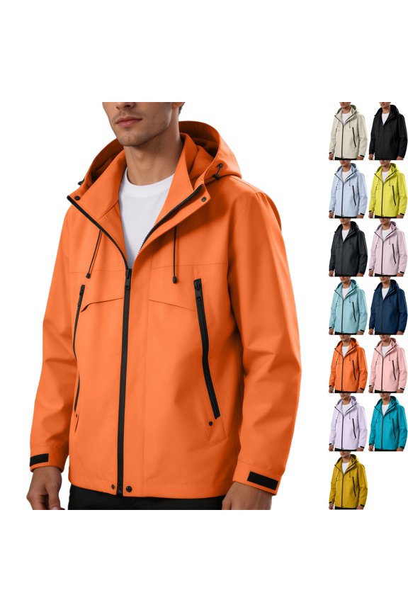 Big & Tall Men's Windproof Softshell Hooded Jacket Quick Dry Breathable Tech Running Outerwear Coat for Outdoor Golf Travel with Zip Pockets, Orange, 4XL