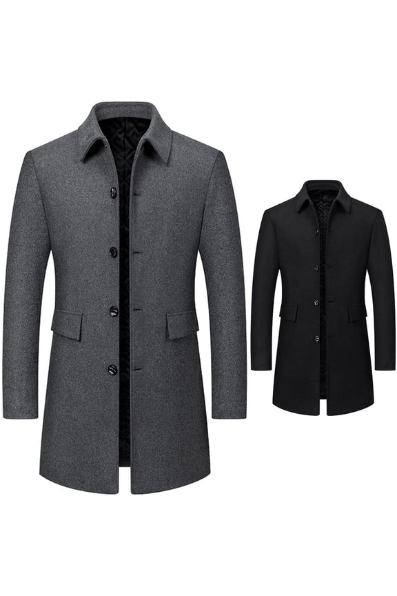 Big & Tall Men's Wool Blend Overcoat Quilted Lined Single Breasted Turndown Collar Warm Thermal Jacket with Flap Pockets for Business Casual, Gray, XXXXL