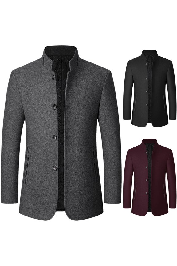 Big & Tall Men's Wool Blend Stand Collar Overcoat Classic Fit Insulated Quilted Lined Winter Jacket with Pockets for Business Casual, Gray, XXXXL