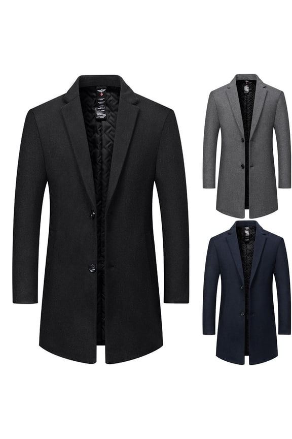 Big & Tall Men's Wool Blend Trench Coat Warm Jacket Classic Fit Single Breasted Notch Lapel Coat with Pockets for Business Casual Dress Work, Black, XXXXL