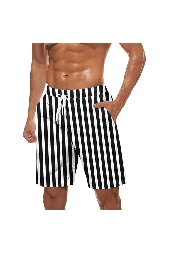 Big & Tall Mens Beach Shorts 7" Striped Printed Elastic Waist Drawstring Hawaiian Short Pants Fathers Gift