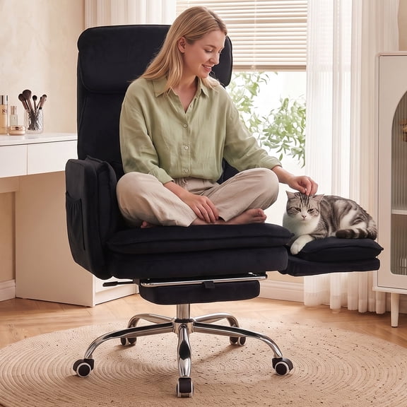 Big and Tall Office Chair 400LBS, Criss Cross Chair with Adjustable Armrests, Velvet Executive Desk Chair with Footrest, Ergonomic Computer Chair with Lumbar Support, Black