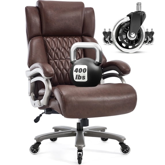 Big and Tall Office Chair 400lb with Lumbar Support, High Back Executive Leather Office Chair, Wide Computer Desk Chair with Tilt Lock and Swivel Rubber Wheels for Work, Study, Game