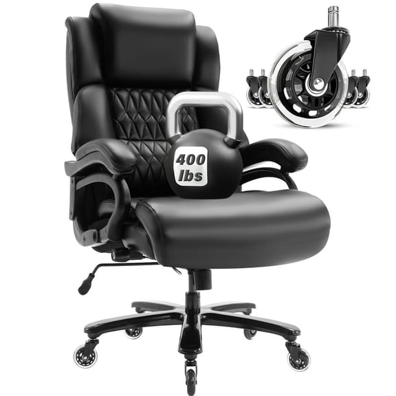 Big and Tall Office Chair 400lb with Lumbar Support, High Back Executive Leather Office Chair, Wide Computer Desk Chair with Tilt Lock and Swivel Rubber Wheels for Work, Study, Game
