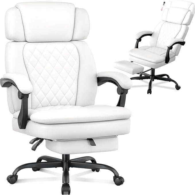 Big and Tall Office Chair 400lbs Capacity, Ergonomic Executive Chair with Linkage Armrests, Adjustable Headrest, Retractable Footrest & Lumbar Support, High Back PU Leather Desk Chair,White