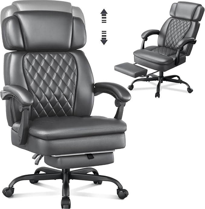 Big and Tall Office Chair 400lbs Capacity, Ergonomic Executive Chair with Linkage Armrests, Adjustable Headrest, Retractable Footrest & Lumbar Support, High Back PU Leather Desk Chair, Gry