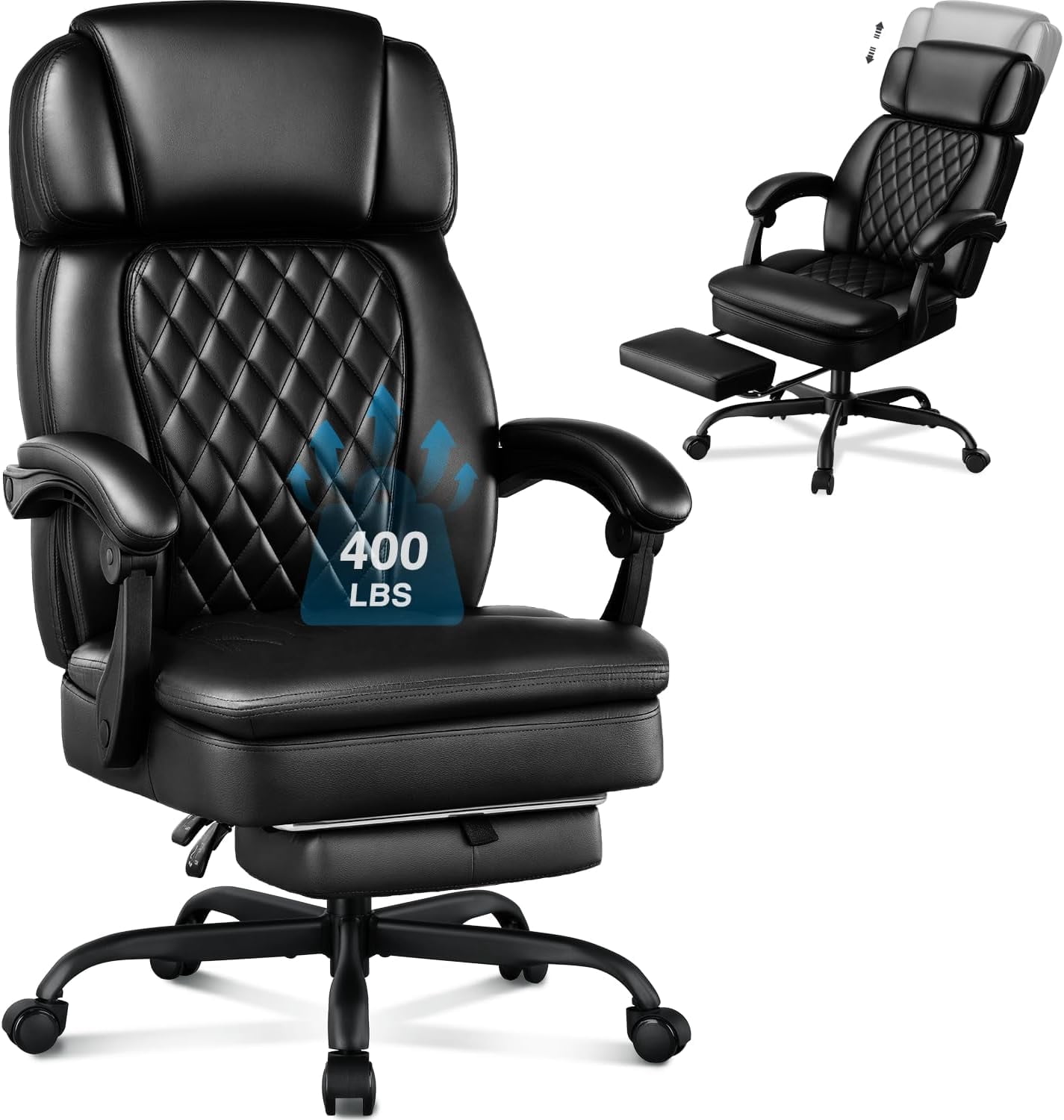 Big and Tall Office Chair 400lbs Capacity, Ergonomic Executive Chair with Linkage Armrests, Adjustable Headrest, Retractable Footrest & Lumbar Support, High Back PU Leather Desk Chair, Black