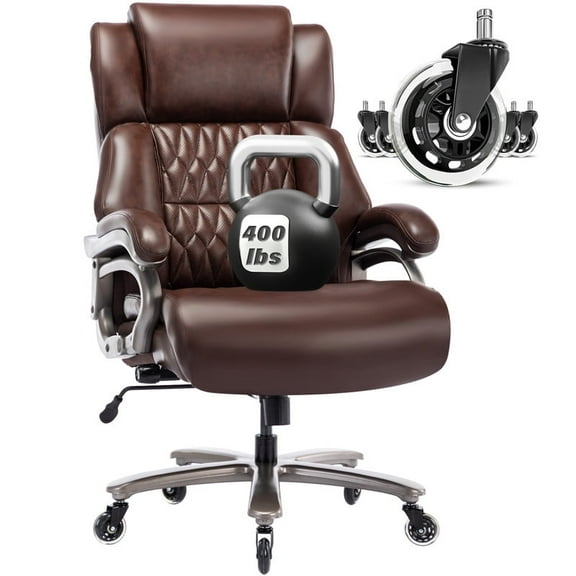 Big and Tall Office Chair 400lbs, Ergonomic Computer Desk Chair with Adjustable Lumbar Support, Quiet Rubber Wheel, High Back Thick Padded Executive Office Chair, Brown