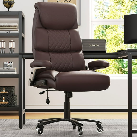 Big and Tall Office Chair 400lbs, Heavy Duty Office Chair with Extra Wide Seat, High Back Executive Desk Chair with Adjustable Lumbar Support Flip UP Arms Ergonomic Computer Chair, Brown