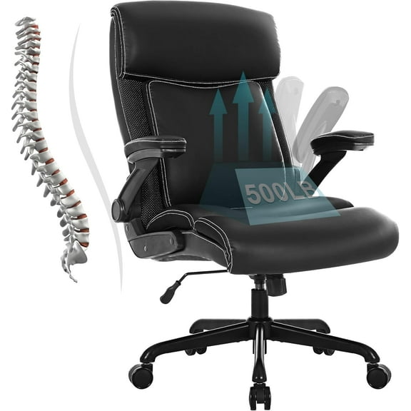 Big and Tall Office Chair -500 lb Heavy Duty Office Chair for Big Man, High Back Leather Executive Office Desk Chair with 120 Tilt Rock,Executive Computer Desk Chair with Flip Up Arm (Black)