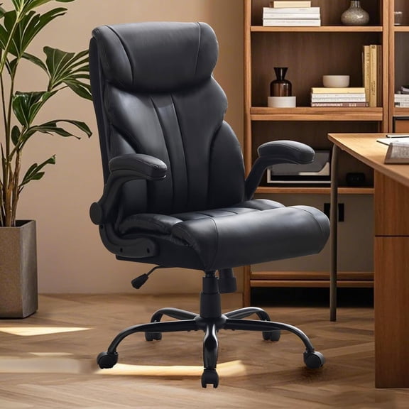 Big and Tall Office Chair 500LBS, Wide Ergonomic Leather Executive Chair with Adjustable Height & Flip-up Armrests, Reclining Computer Desk Chair for Home Office or Gaming, Black