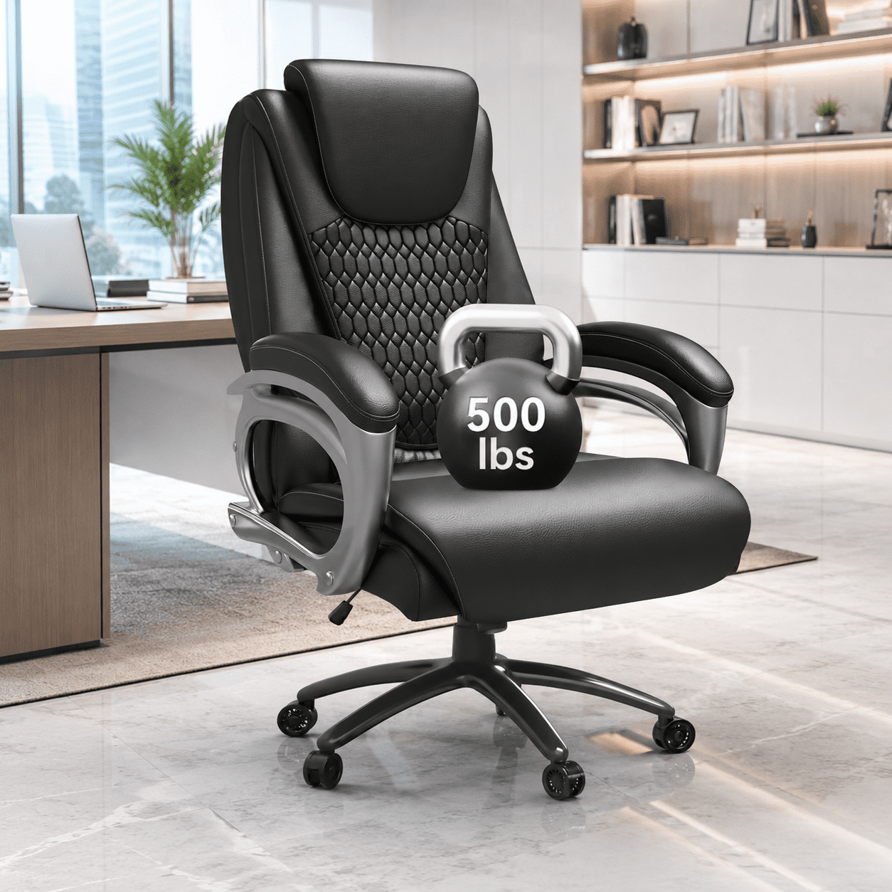 Big and Tall Office Chair 500lbs, Heavy Duty Executive Office Chair, Adjustable Height High Back Ergonomic PU Leather Desk Chair, 360° Swivel Rolling Wheels for Home Office (Black)