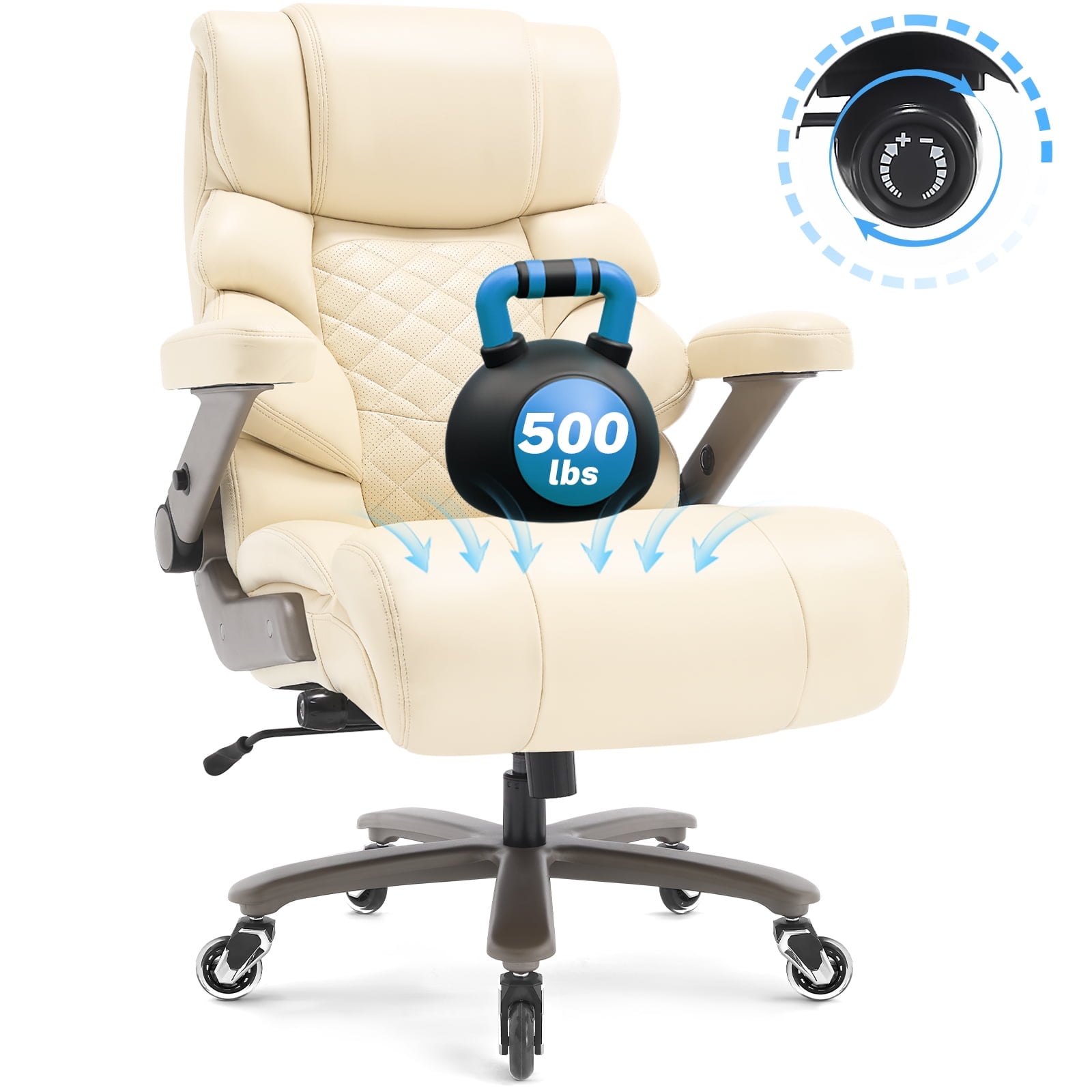Big and Tall Office Chair 500lbs, Large High Back Executive Chair with Extra Wide Seat, Heavy Duty Computer Desk Chair, 3D Flip Arms, Adjustable Lumbar Support, Beige