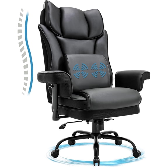 Big and Tall Office Chair, 500lbs Rocking Massage High Back Desk Chair, Ergonomic Executive Office Chair with Adjustable Padded Armrest and Lumbar Support, Adjustable Height(Dark Black)