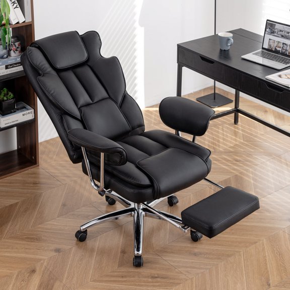 Big and Tall Office Chair 500lbs with Wide Seat and Arms, High Back Executive Office Chair with Footrest, Leather Computer Chair Ergonomic Reclining Chair for Home Office, Adjustable Tilt, Black