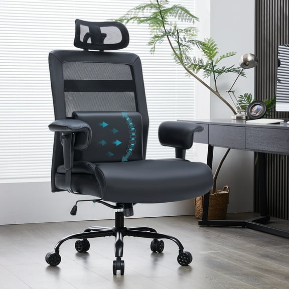 Big and Tall Office Chair 600lbs, High Back Executive Office Chair with Wide Mesh Back and Leather Seat, Heavy Duty Ergonomic Computer Desk Chair with Padded Arms& Massage Pillow& Adjustable Headrest