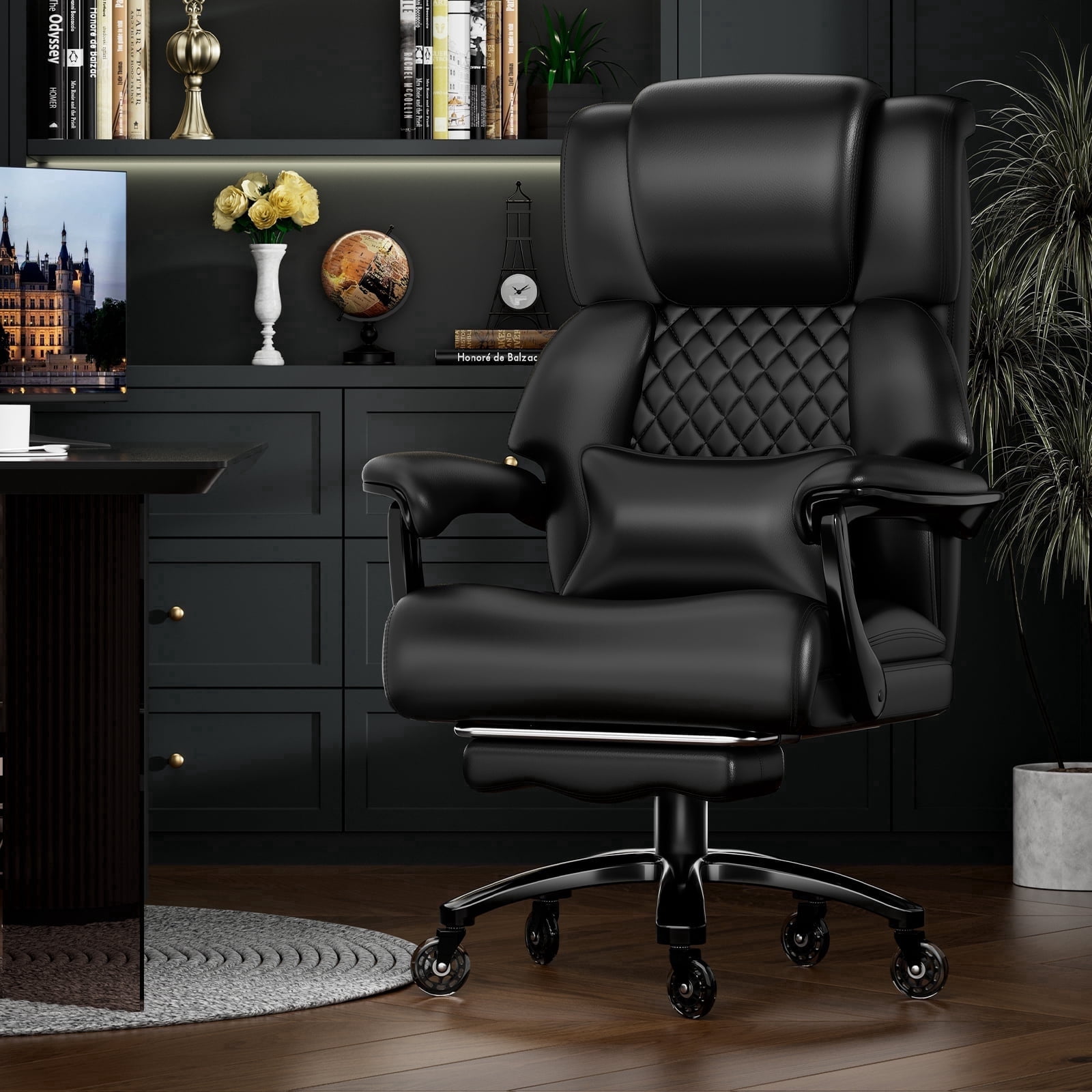 Big and Tall 700LBS Heavy Duty Executive Office Chair with Metal Base, Linkage Armrest, Footrest, Extra Thick Wide Cushion, Silent Rubber Wheels, Black