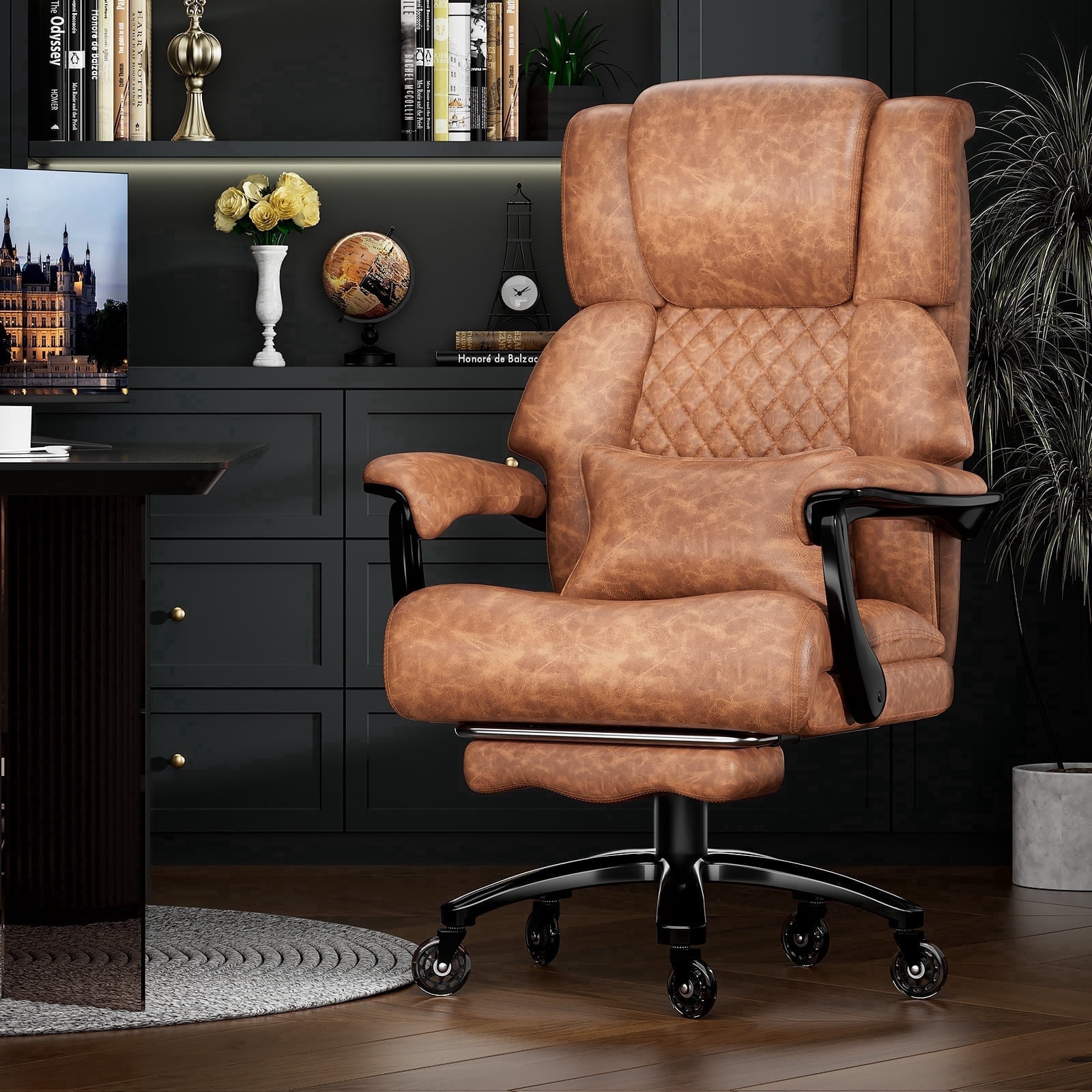 Big and Tall 700LBS Heavy Duty Executive Office Chair with Metal Base, Linkage Armrest, Footrest, Extra Thick Wide Cushion, Silent Rubber Wheels, Light Brown