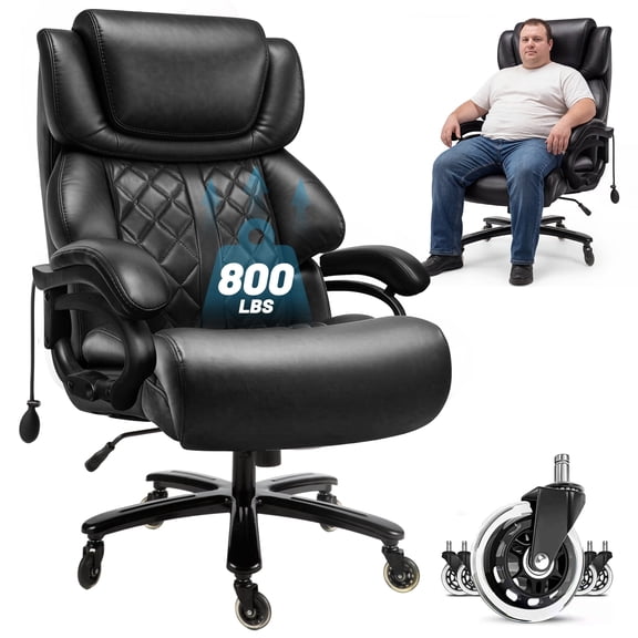 Big & Tall Office Chair, 800 lb Capacity, Upgraded 4-Layer Seat Cushion with Inflatable Lumbar Support, Ergonomic Executive Desk Chair for Home & Office, Black
