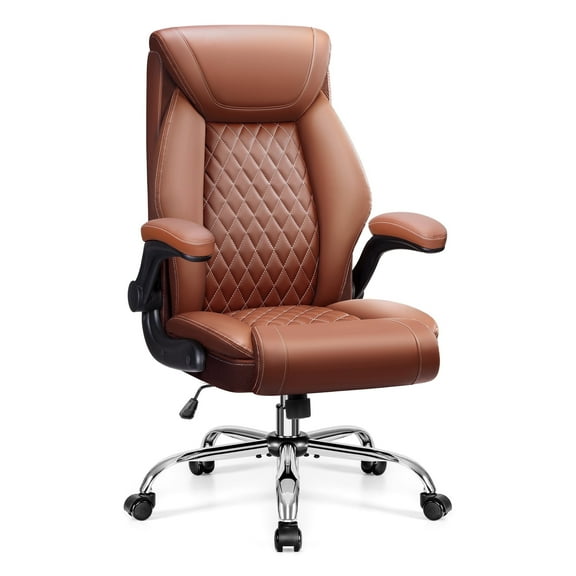 FASTES Ergonomic Office Chair, Desk Chair with High Back Flip-up Armrests Big and Tall Gaming Leather Chair with Rocking Function 2 Reclining Position,Brown