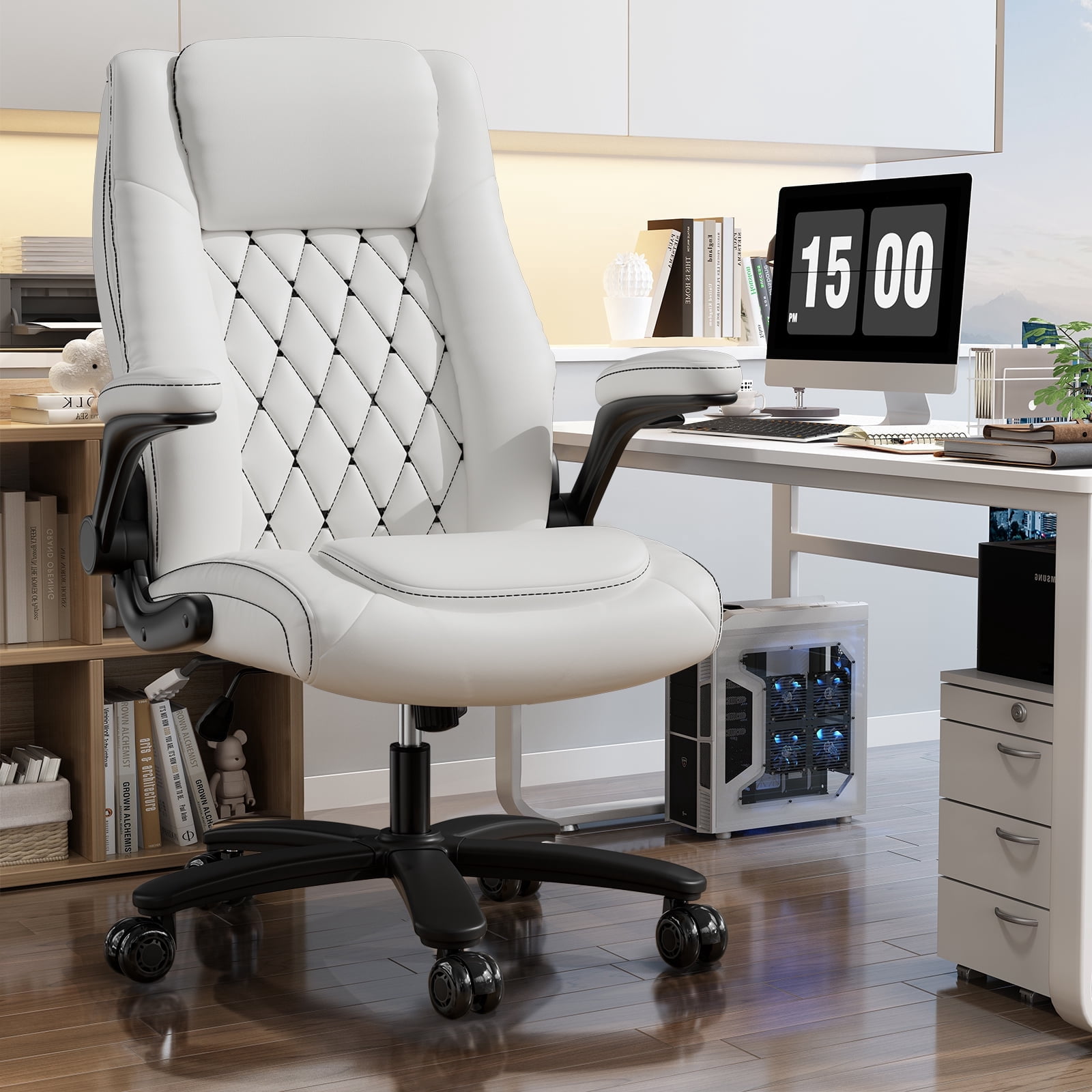 iooHug Big and Tall Office Chair 400lb, Executive Desk Computer Chair Adjustable Flip-up Armrests, PU Leather Swivel Task Chair with Ergonomic High Back and Lumbar Support, White