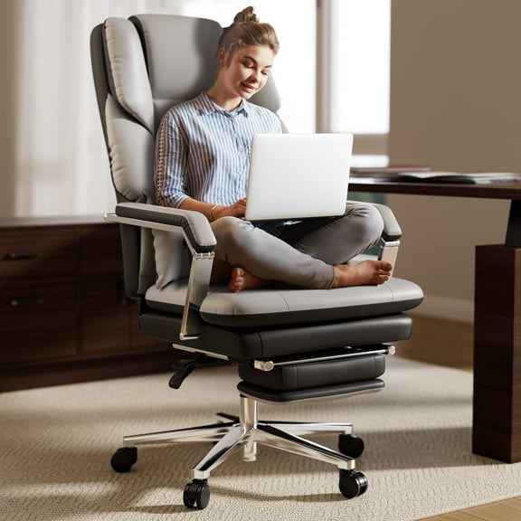 Big and Tall Reclining Office Chair with Footrest, Ergonomic PU Leather Office Chair with Lumbar Support, Executive Computer Chair for Home Office, 500lbs, Gray