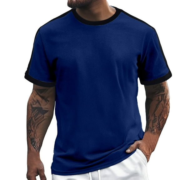 Big and Tall Shirts for Men European Solid Color Vertical Stripe Color Blocked Top For Men Casual Loose Comfortable Trendy Business Foreign Trade Round Neck Short Sleeved T Shirt Mens Plain T M