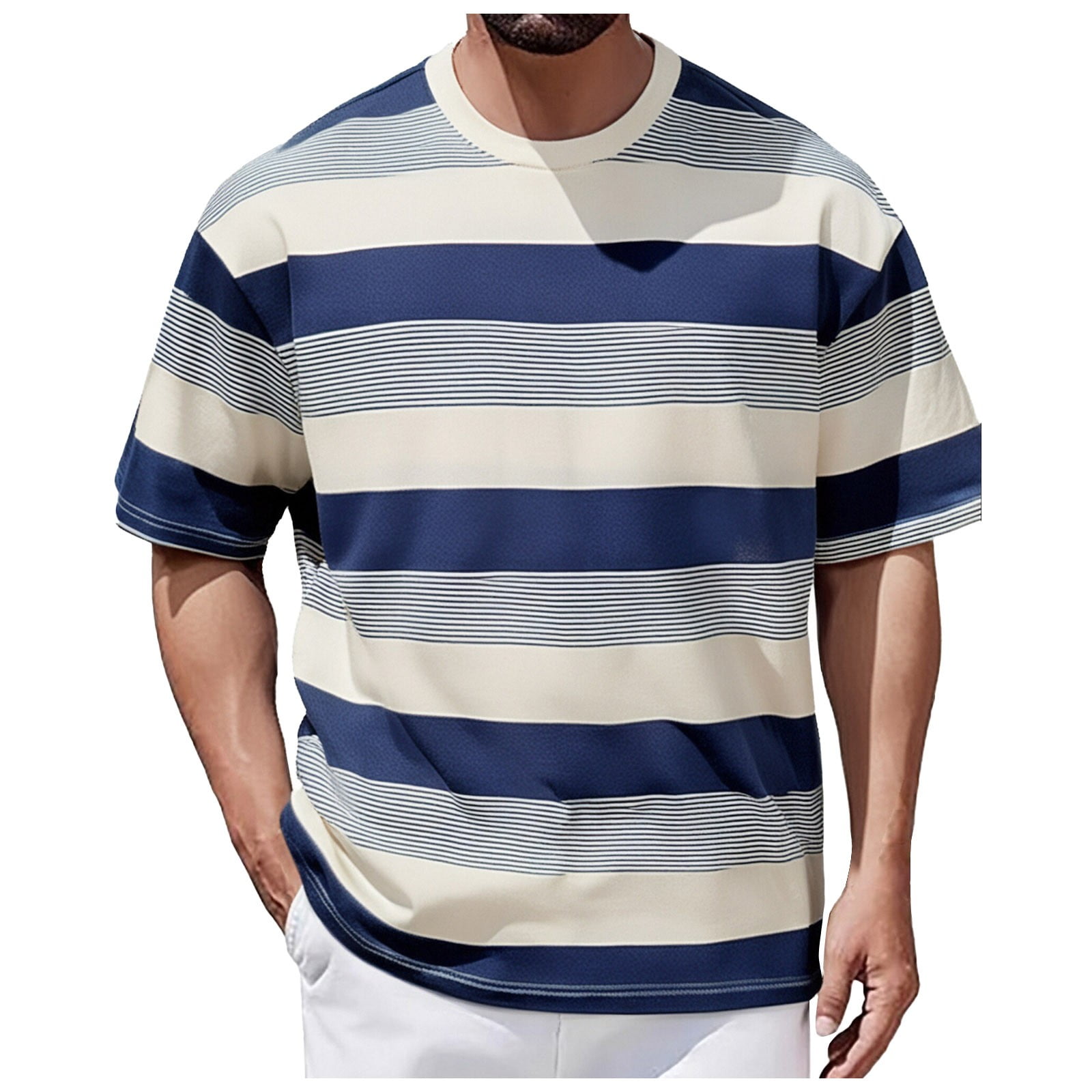 Men's Casual T-Shirt - Navy Color Block Striped Design, Loose Comfort Fit, Polyester Blend, Short Sleeve Round Neck-1052645