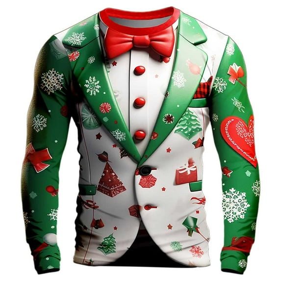 Big and Tall Shirts for Men Male Christmas Autumn Winter Long Sleeve T Shirt Round Neck Full Print Festive Atmosphere Celebration Top Men Sports T Shirt Plain Shirts Bulk Plain Pack Mens Pack L