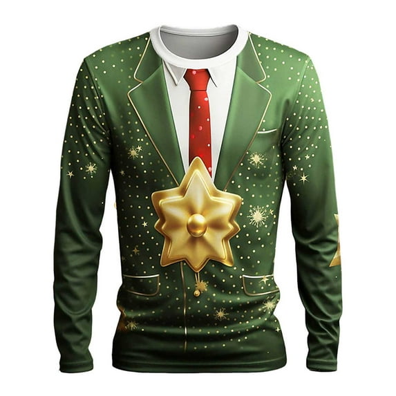 Big and Tall Shirts for Men Male Christmas Autumn Winter Long Sleeve T Shirt Round Neck Full Print Festive Atmosphere Celebration Top Men Sports T Shirt Plain Shirts Bulk Plain Pack Mens Pack 2XL