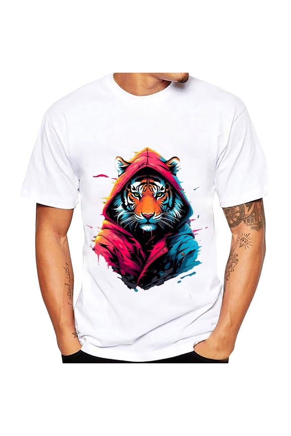 Big and Tall Shirts for Men Male's T Shirt Round Neck Short Sleeve Animal Print Street Art Sports Shirt Heat compatible with Machine for T Shirts Lightweight Men Tall Mens Mens Pocket Medium 3XL