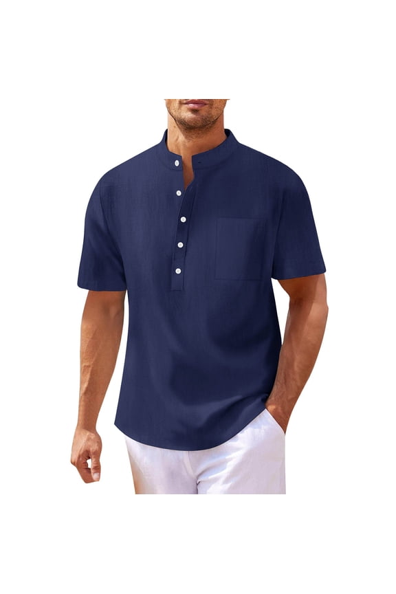 Big and Tall Shirts for Men Soild Color Shirt Short Sleeve Hippie Casual Band Collar Summer Beach T Shirts Large Tall Mens Nightshirts for Men Sizes Packs of The Pocket T 2XL