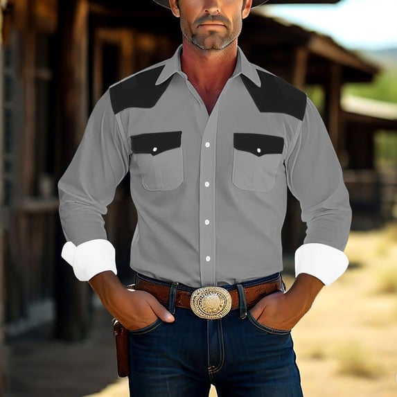 Big & Tall Shirts for Men Plus Size S-5X Long Sleeve Button-Down Tshirts Shirt with Pockets and Collared Vintage Color Block Breathable Work Tops
