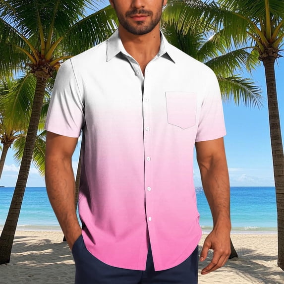 Big & Tall Shirts for Men Plus Size S-5X Short Sleeve Tshirts Shirt with Pocket Button-Down Collared Gradient Printed Hawaiian Beach Tees Tops