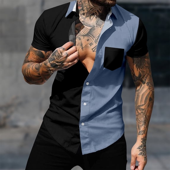 Big & Tall Shirts for Men with Pocket Plus Size S-4X Short Sleeve T-Shirts Button-Down Collar Breathable Color Block Going-Out Summer Beach Tees Tops