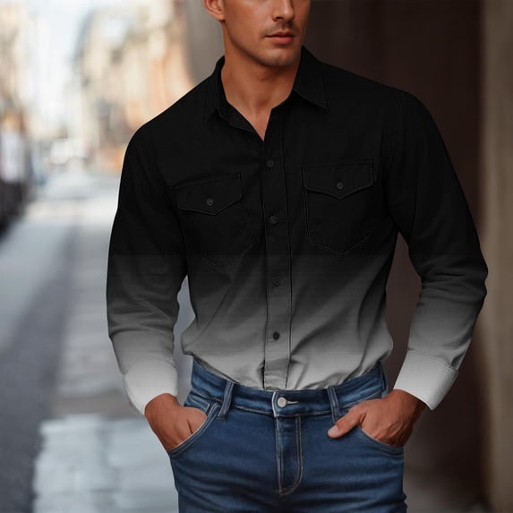 Big & Tall Shirts for Men with Pockets Plus Size S-5X Long Sleeve Tshirts Shirt Mens Trendy Gradient Printed Button-Down Lapel Cowboys Work Tees Tops