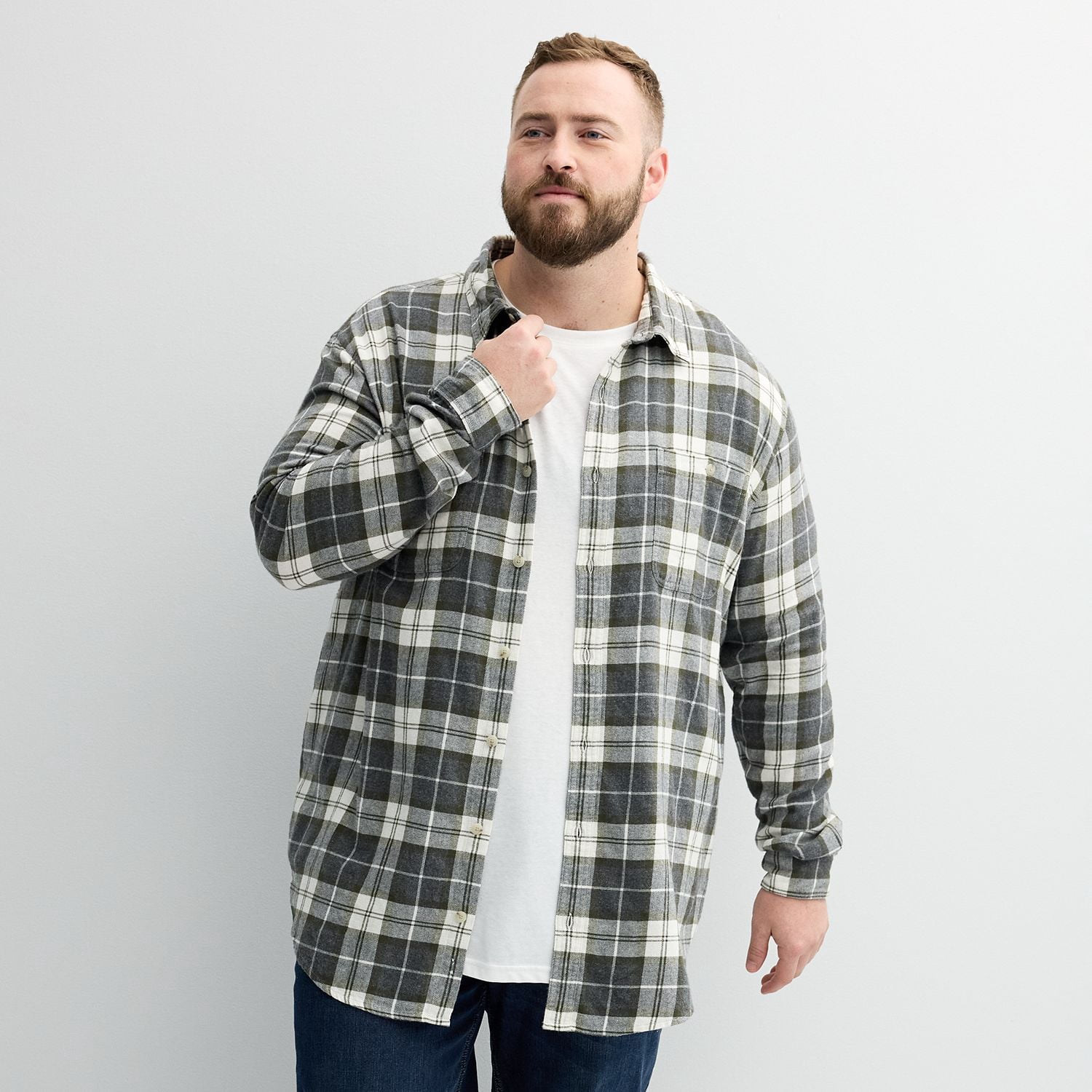 Big & Tall Sonoma Goods For Life Long Sleeve Flannel Shirt Color: Grey  Olive Plaid Size: M TALL - Walmart.com